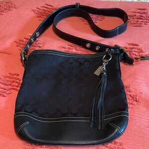 Black Leather and Signature C Fabric Coach Shoulder Bag